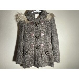 Altar'd State Womens Brown Tweed Toggle Faux‎ Fur Collar Coat Jacket
